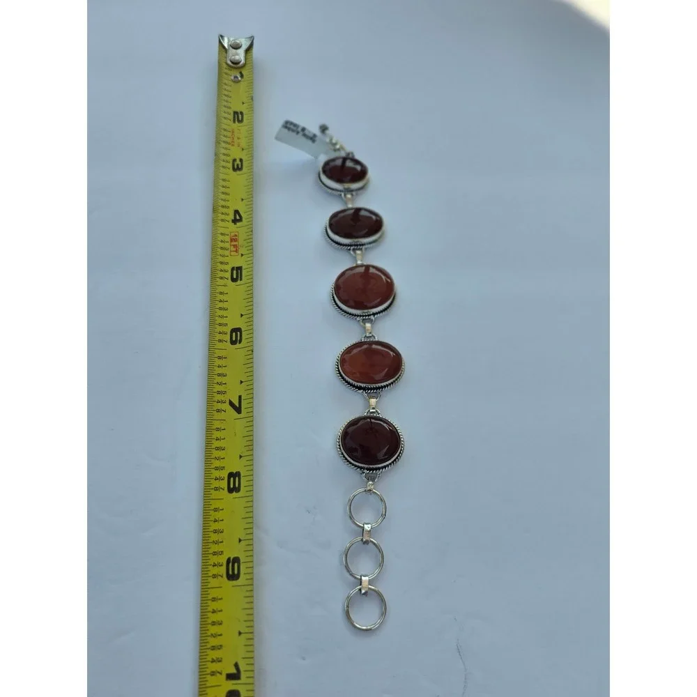 Baltic Amber Cognac Oval Cabochon Silver Tone Link Bracelet Adjustable 9 Inch